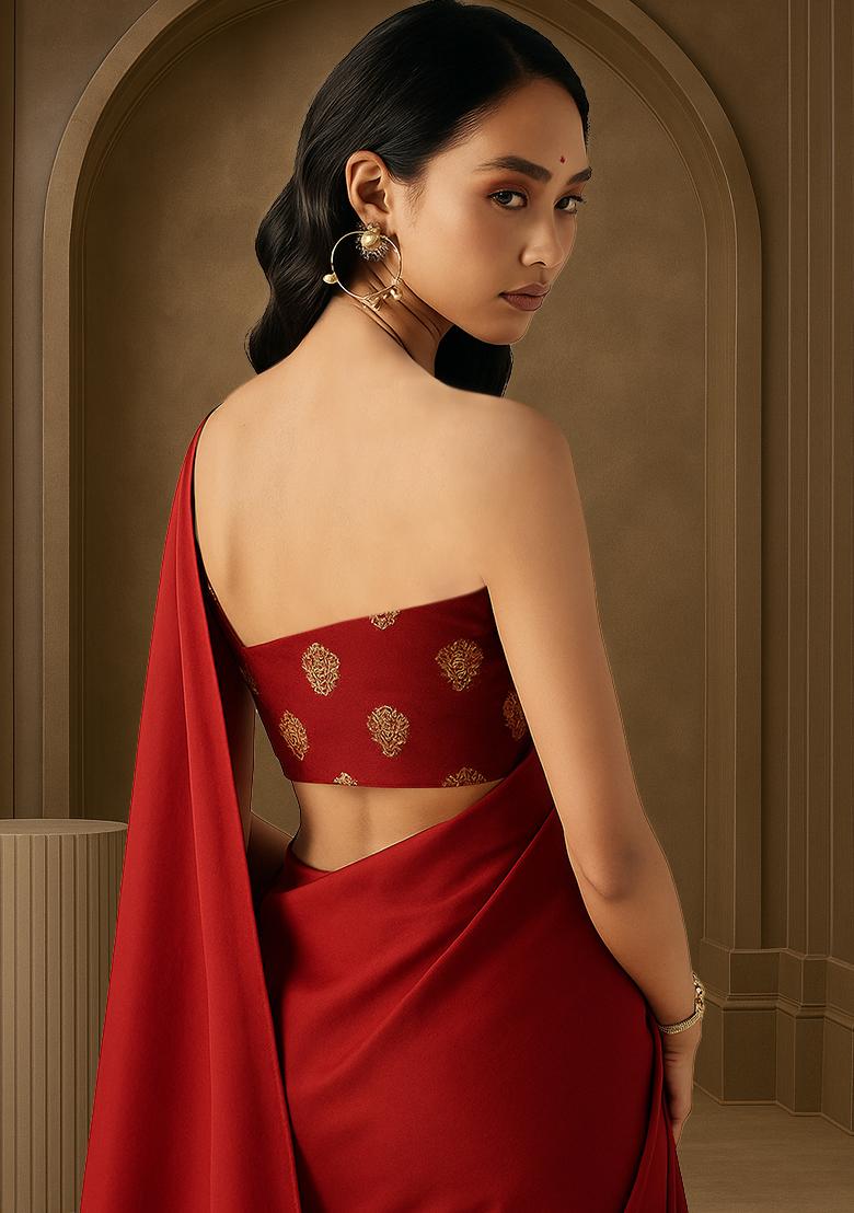 Fuchsia Pink Chinon Printed Pre Draped Saree Set - Indya