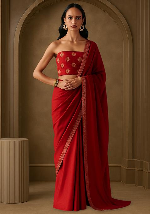 Fuchsia Pink Chinon Printed Pre Draped Saree Set