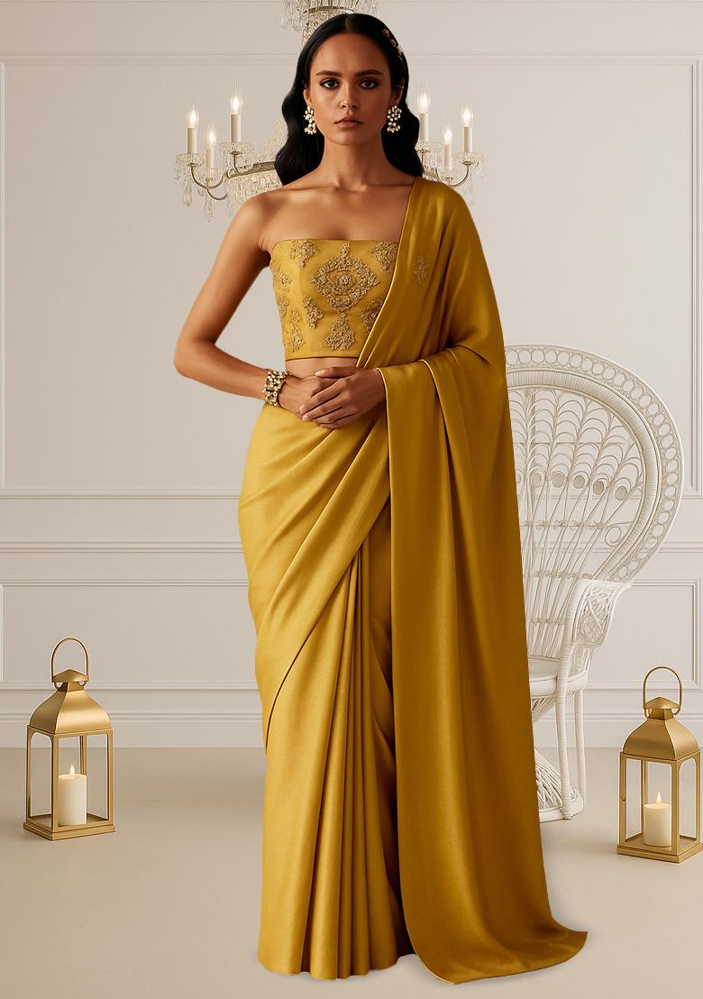 Pastel Yellow Chinon Embroidered Pre Draped Saree Set