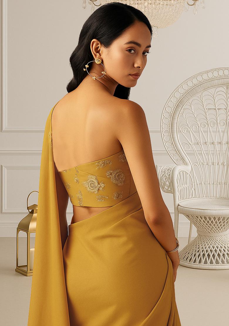 Pastel Yellow Chinon Embroidered Pre Draped Saree Set - Indya