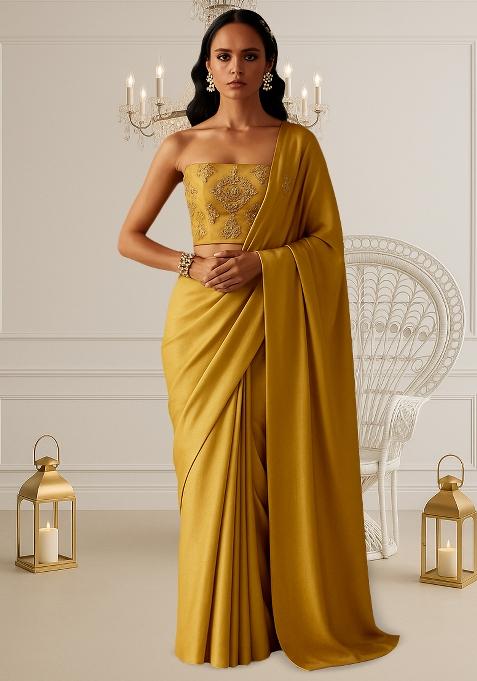 Pastel Yellow Chinon Embroidered Pre Draped Saree Set