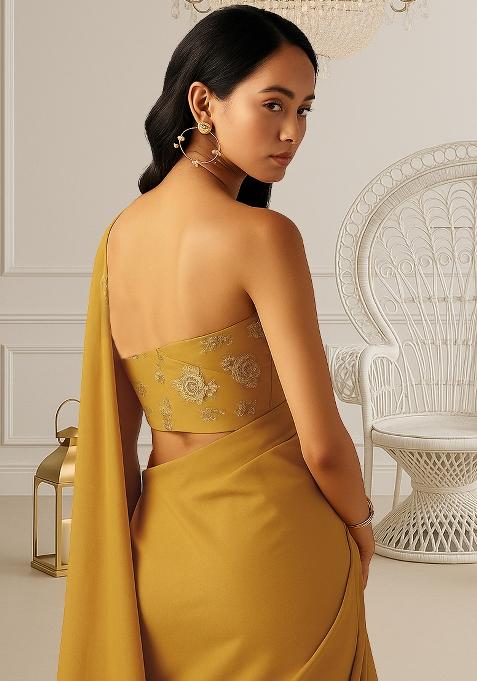 Pastel Yellow Chinon Embroidered Pre Draped Saree Set