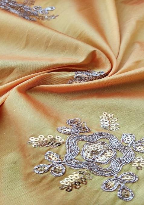 Pastel Yellow Chinon Embroidered Pre Draped Saree Set