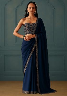 Blue Chinon Embroidered Pre Draped Saree Set