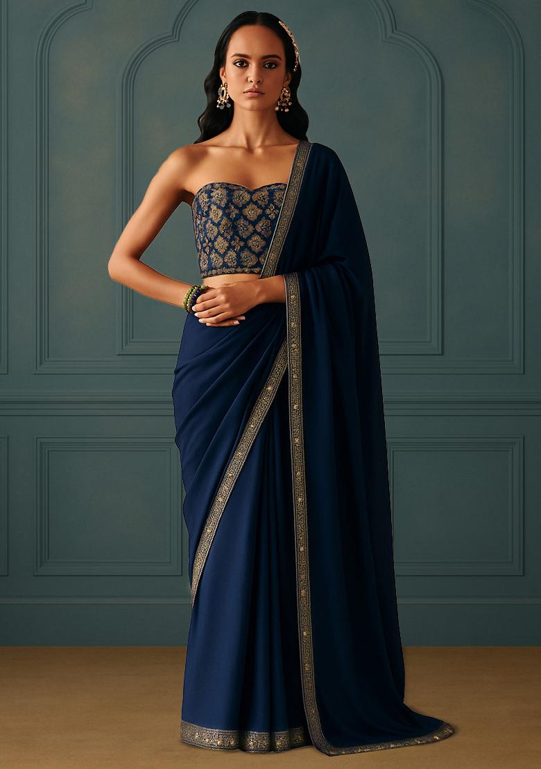 Blue Chinon Embroidered Pre Draped Saree Set