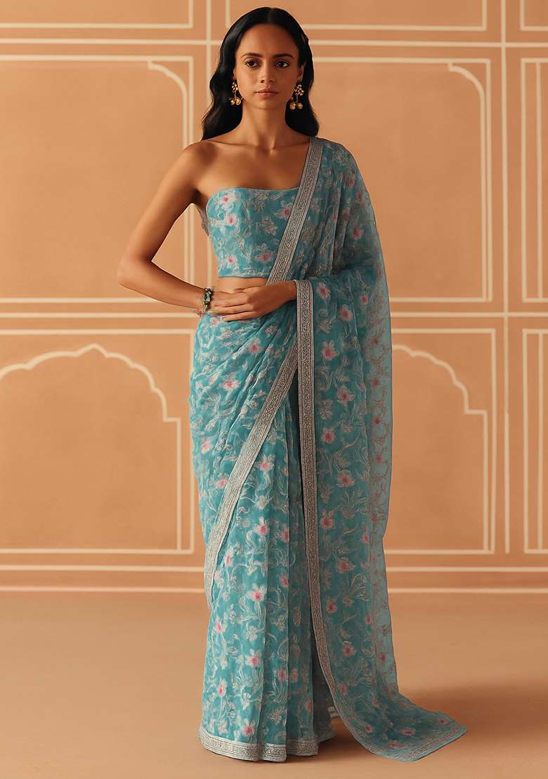 Aqua Blue Net Embroidered Pre Draped Saree Set - Indya