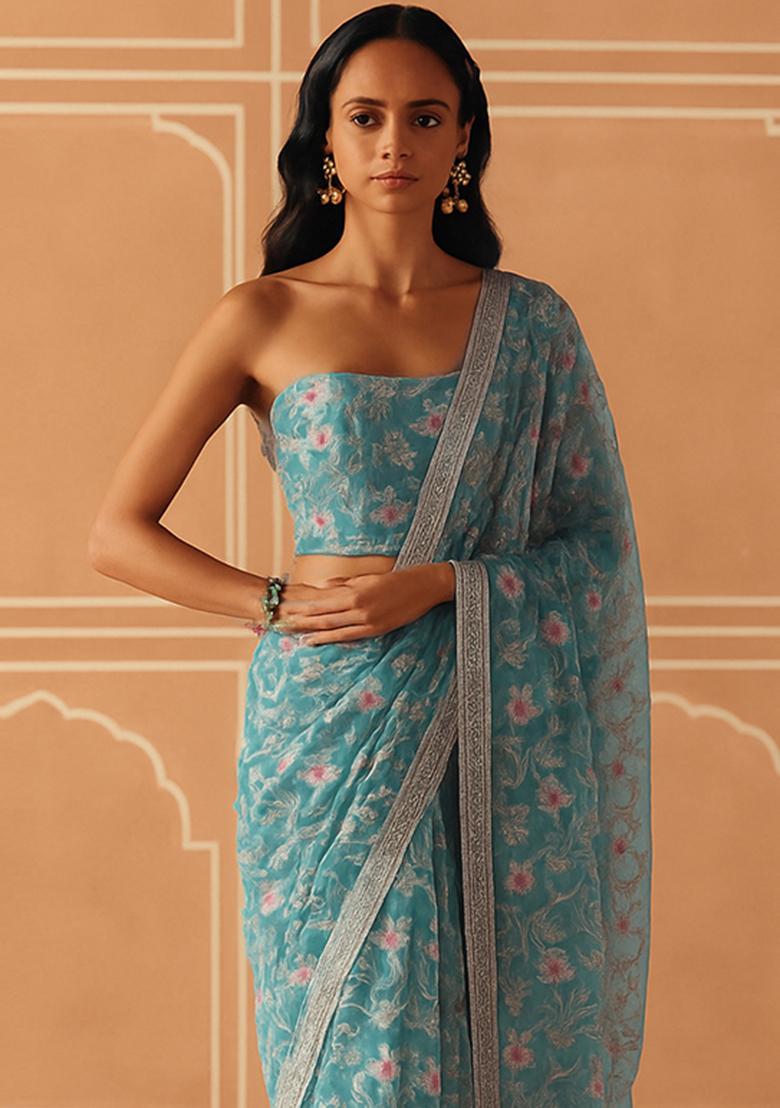 Aqua Blue Net Embroidered Pre Draped Saree Set - Indya