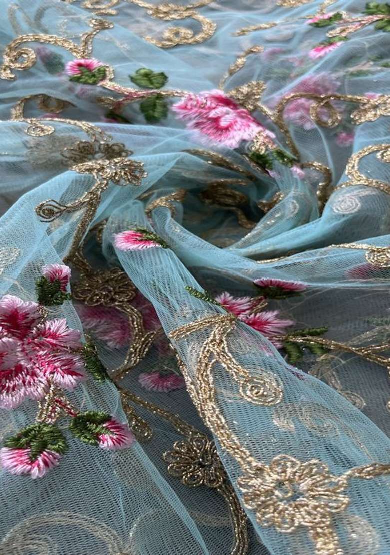 Aqua Blue Net Embroidered Pre Draped Saree Set - Indya