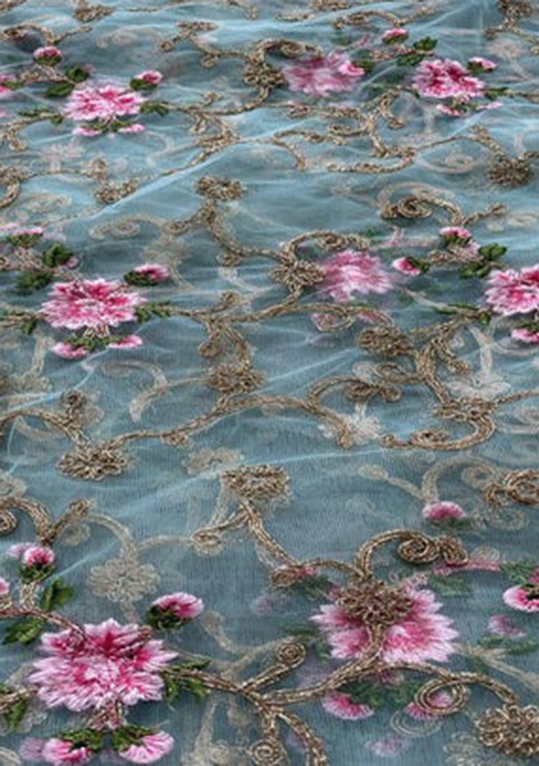 Aqua Blue Net Embroidered Pre Draped Saree Set - Indya