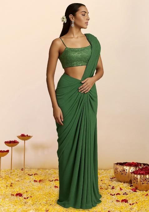 Emerald Green Georgette Embroidered Pre Draped Saree Set