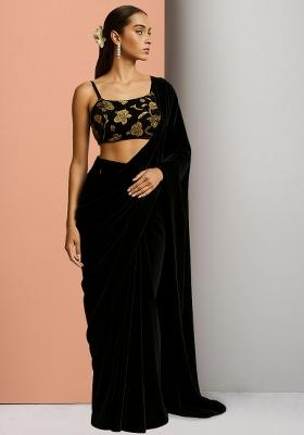 Black Georgette Embroidered Pre Draped Saree Set