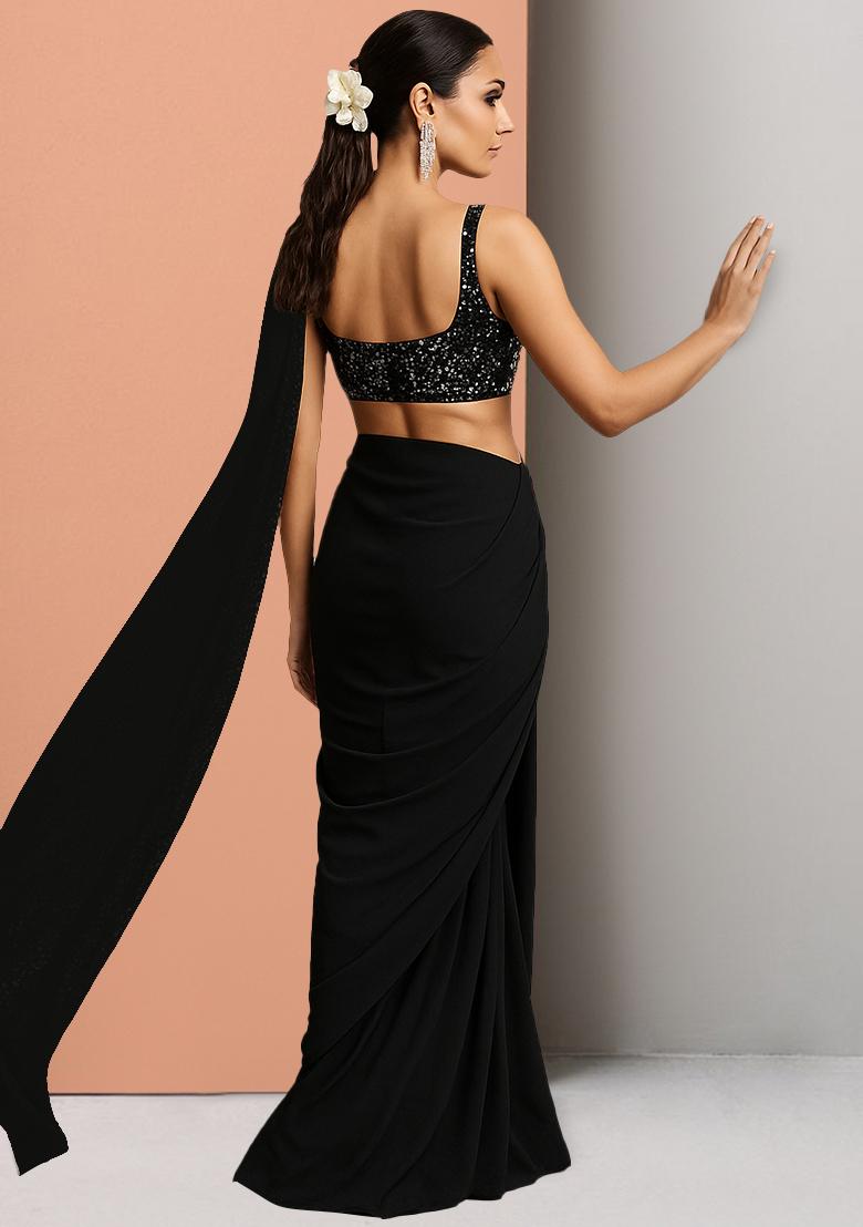 Black Georgette Sequins Embellished Pre Draped Saree Set - Indya