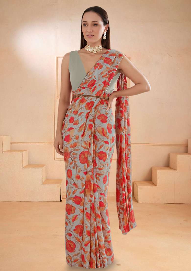 White Georgette Printed Pre Draped Saree Set - Indya