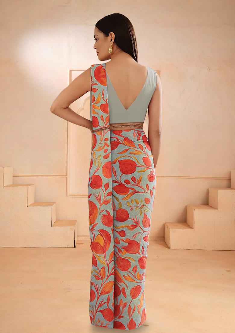 White Georgette Printed Pre Draped Saree Set - Indya