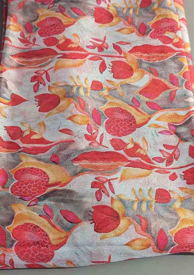 White Georgette Printed Pre Draped Saree Set - Indya