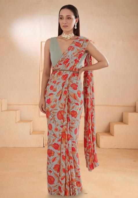 White Georgette Printed Pre Draped Saree Set