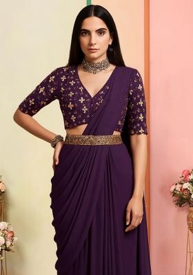 Deep Plum Georgette Embroidered Pre Draped Saree Set