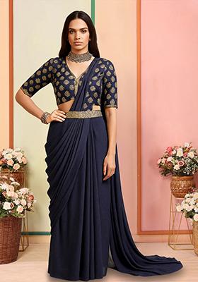 Deep Navy Blue Silk Jacquard Pre Draped Saree Set