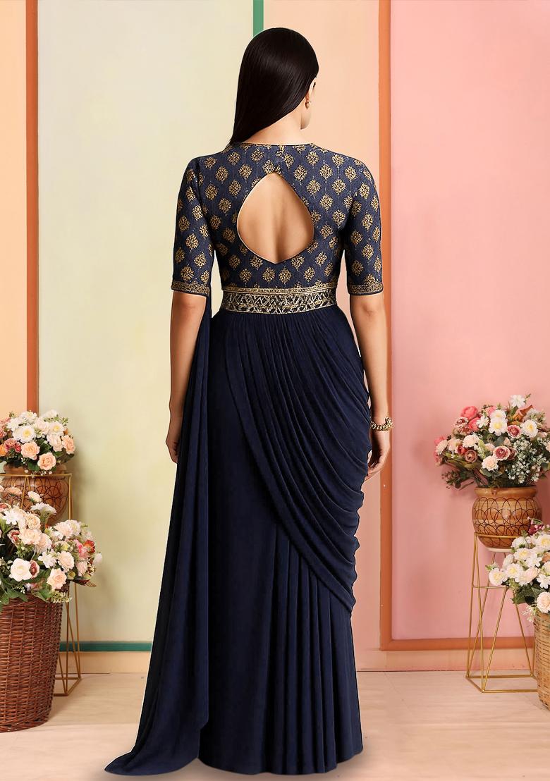 Deep Navy Blue Silk Jacquard Pre Draped Saree Set - Indya