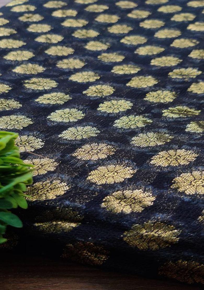 Deep Navy Blue Silk Jacquard Pre Draped Saree Set - Indya