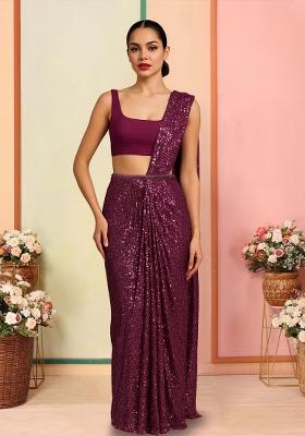 Magenta Pink Net Embroidered Pre Draped Saree Set