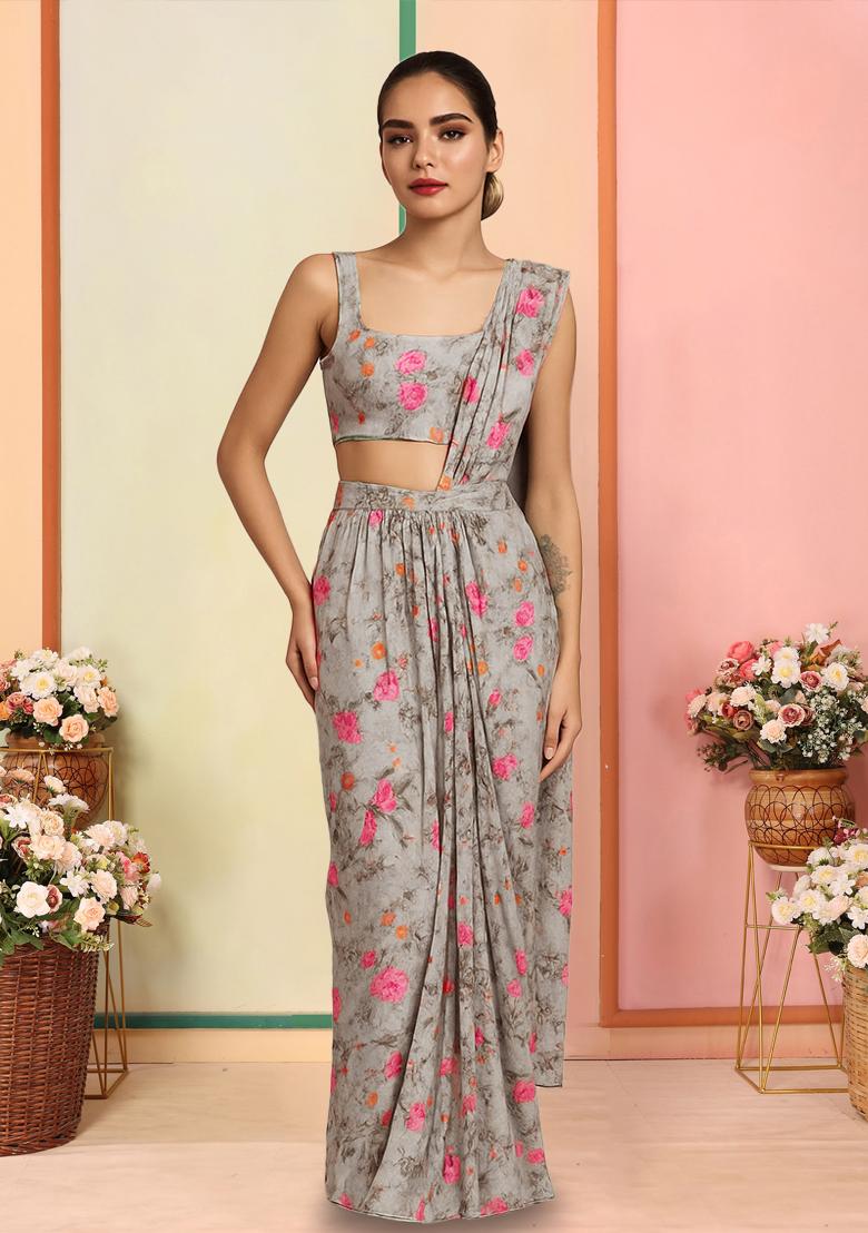 Mint Green Georgette Printed Pre Draped Saree Set