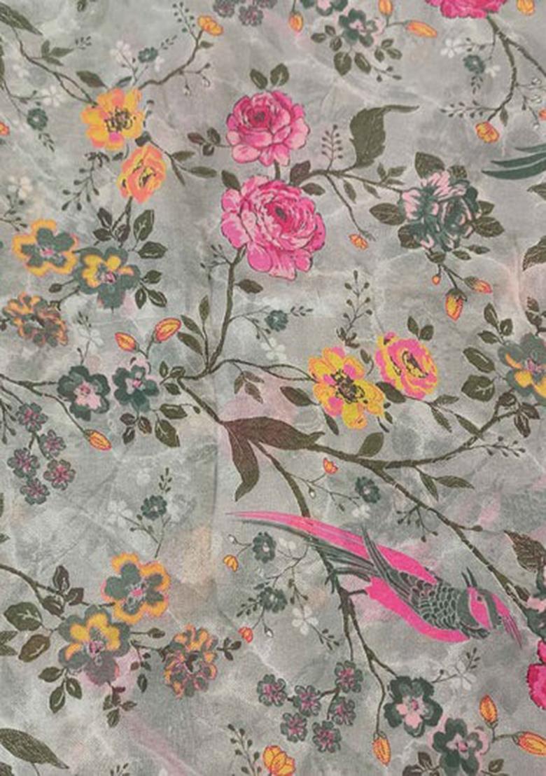 Mint Green Georgette Printed Pre Draped Saree Set - Indya