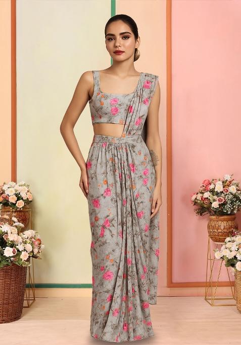 Mint Green Georgette Printed Pre Draped Saree Set