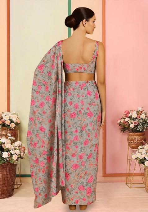 Mint Green Georgette Printed Pre Draped Saree Set