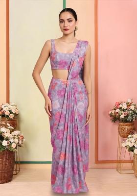 Lavender Organza Sequins Embellished Pre Draped Saree Set