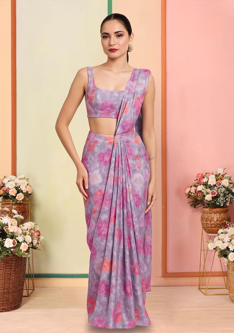 Lavender Organza Sequin Embellished Pre Draped Saree Set