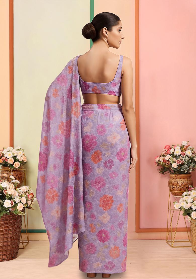 Lavender Organza Sequins Embellished Pre Draped Saree Set - Indya