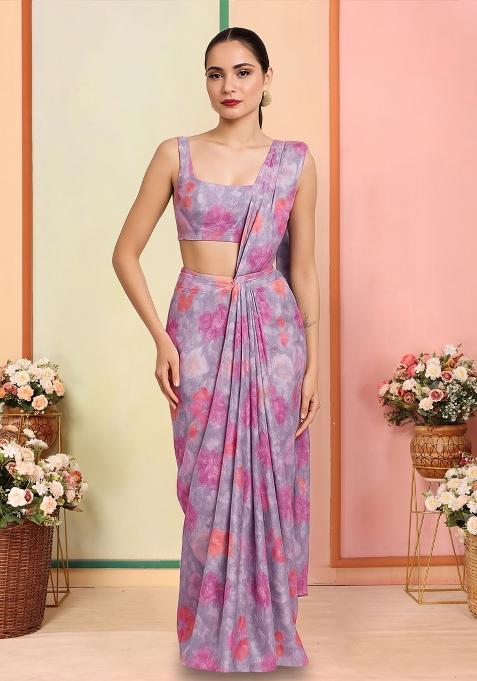Lavender Organza Sequin Embellished Pre Draped Saree Set