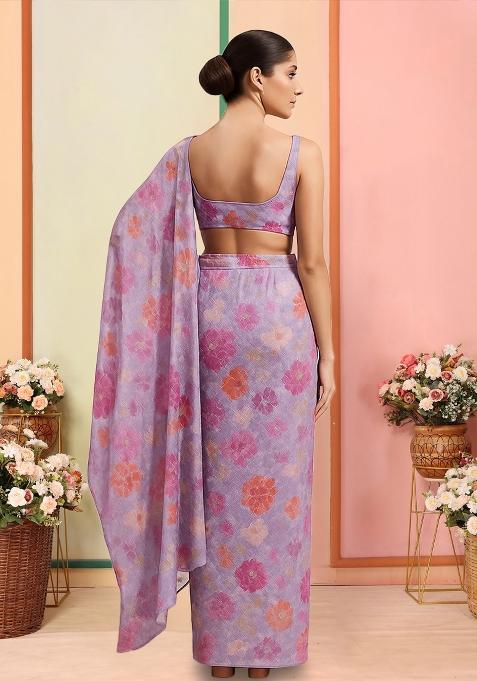 Lavender Organza Sequin Embellished Pre Draped Saree Set