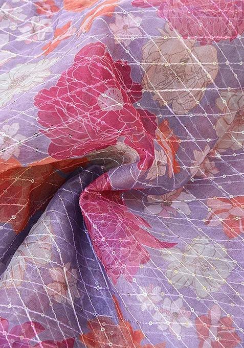 Lavender Organza Sequin Embellished Pre Draped Saree Set