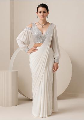 White Georgette Sequin Embellished Blouse Pre Draped Saree Set