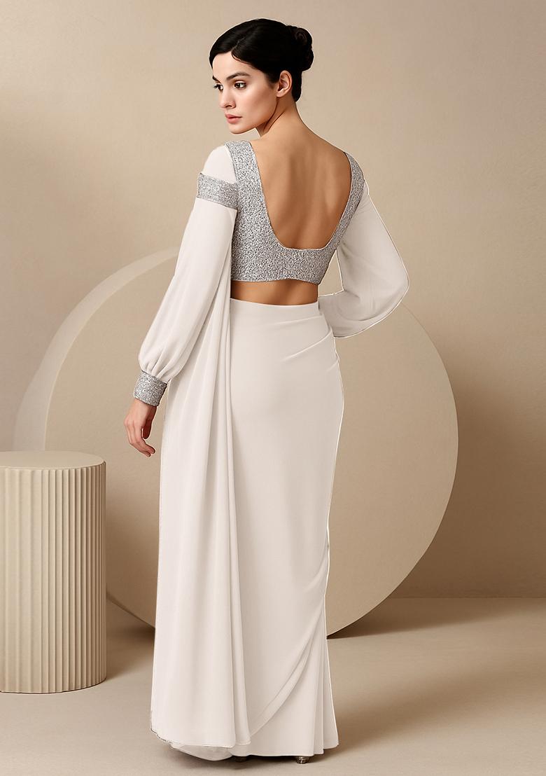 White Georgette Sequin Embellished Blouse Pre Draped Saree Set