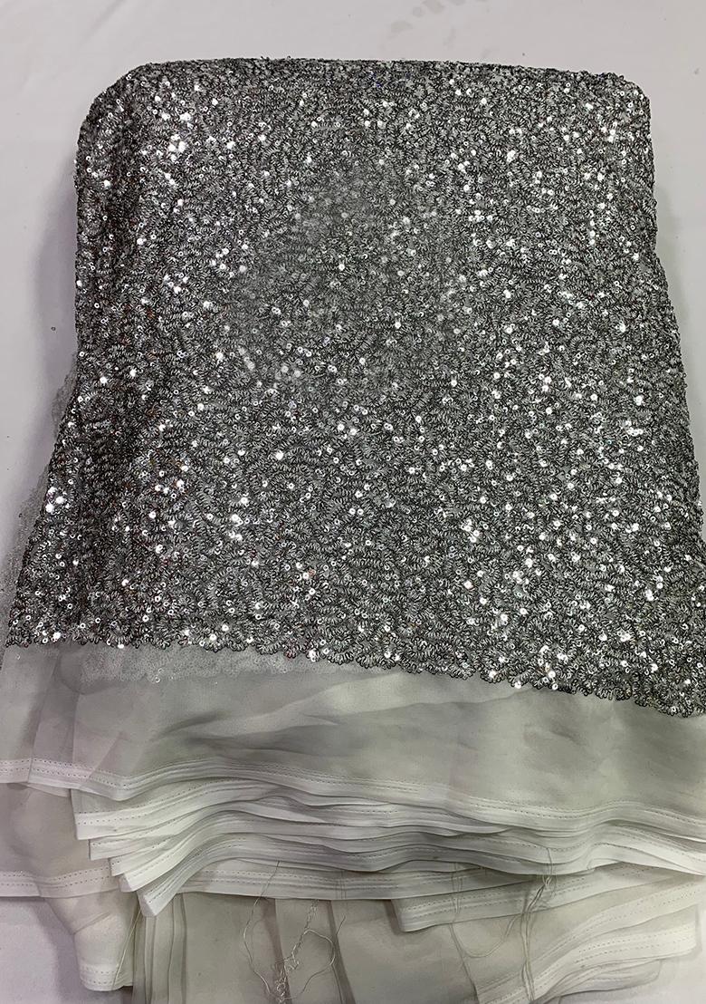 White Georgette Sequin Embellished Blouse Pre Draped Saree Set