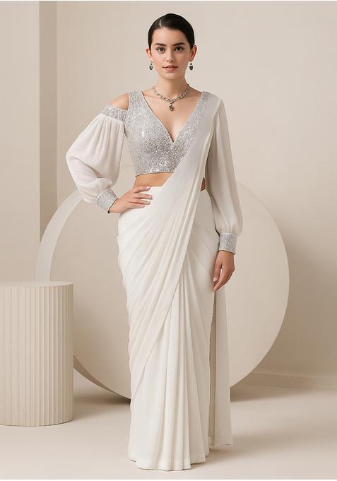 White Georgette Sequin Embellished Blouse Pre Draped Saree Set
