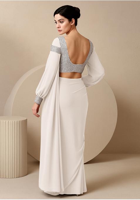 White Georgette Sequin Embellished Blouse Pre Draped Saree Set