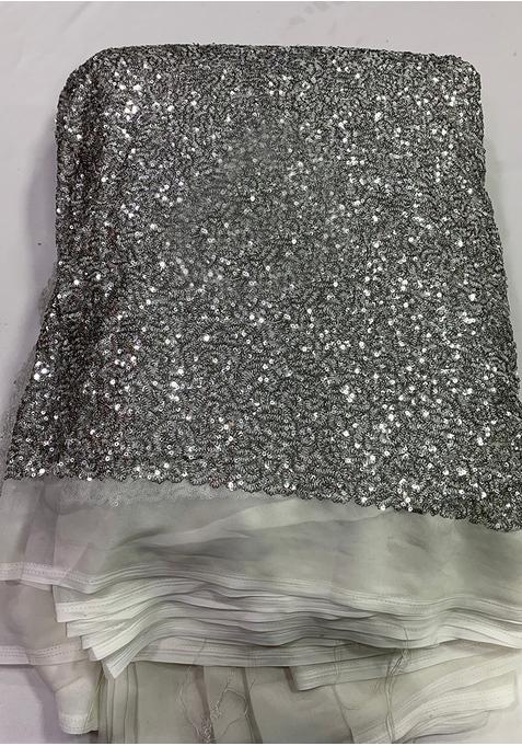 White Georgette Sequin Embellished Blouse Pre Draped Saree Set