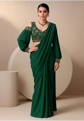 Dark Green Georgette Embroidered Blouse Pre Draped Saree Set
