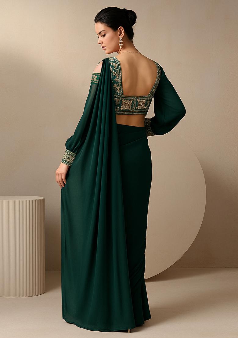 Dark Green Georgette Embroidered Blouse Pre Draped Saree Set - Indya