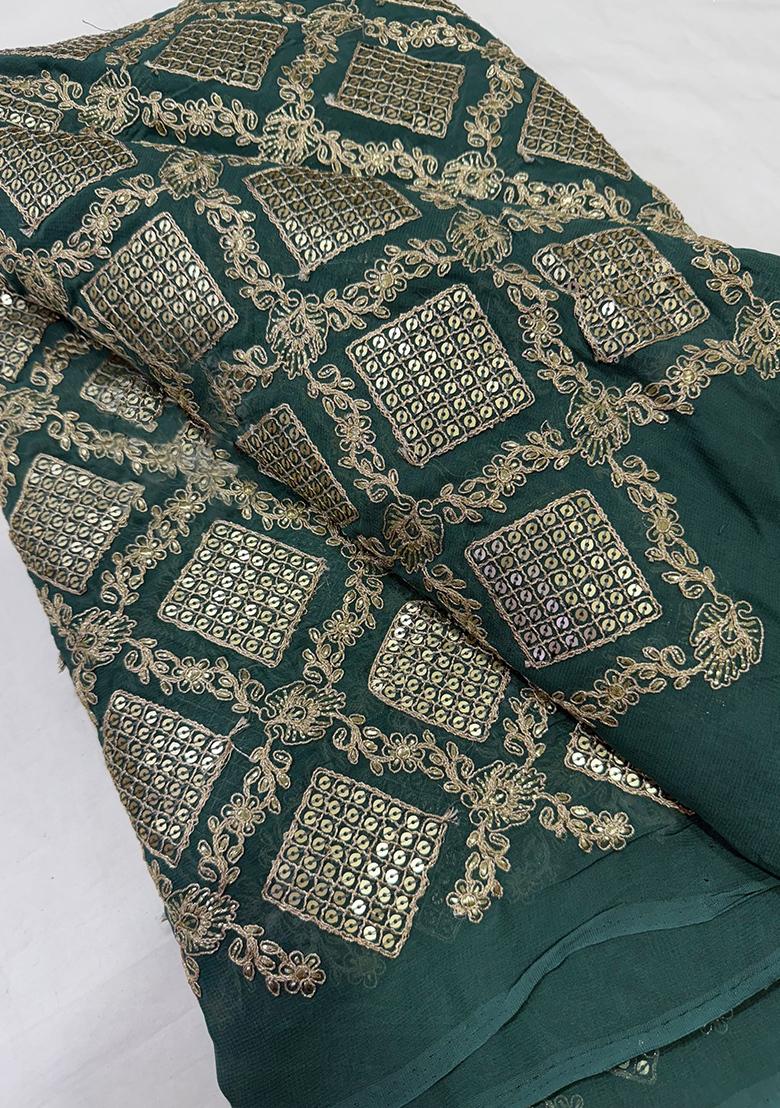 Dark Green Georgette Embroidered Blouse Pre Draped Saree Set - Indya