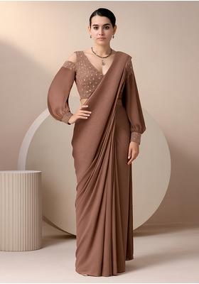 Mocha Brown Georgette Embroidered Blouse Pre Draped Saree Set