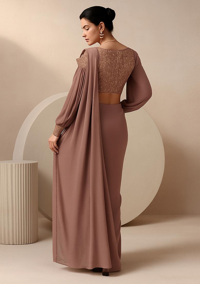 Mocha Brown Georgette Embroidered Blouse Pre Draped Saree Set - Indya