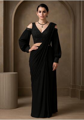 Black Georgette Embroidered Blouse Pre Draped Saree Set