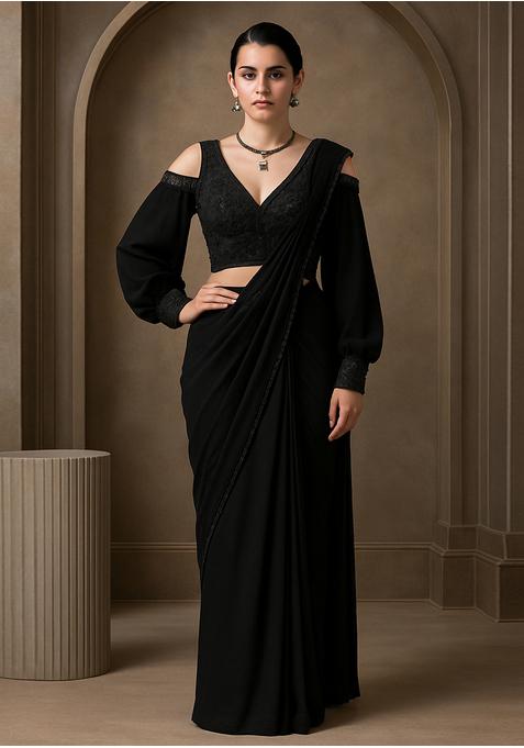 Black Georgette Embroidered Blouse Pre Draped Saree Set