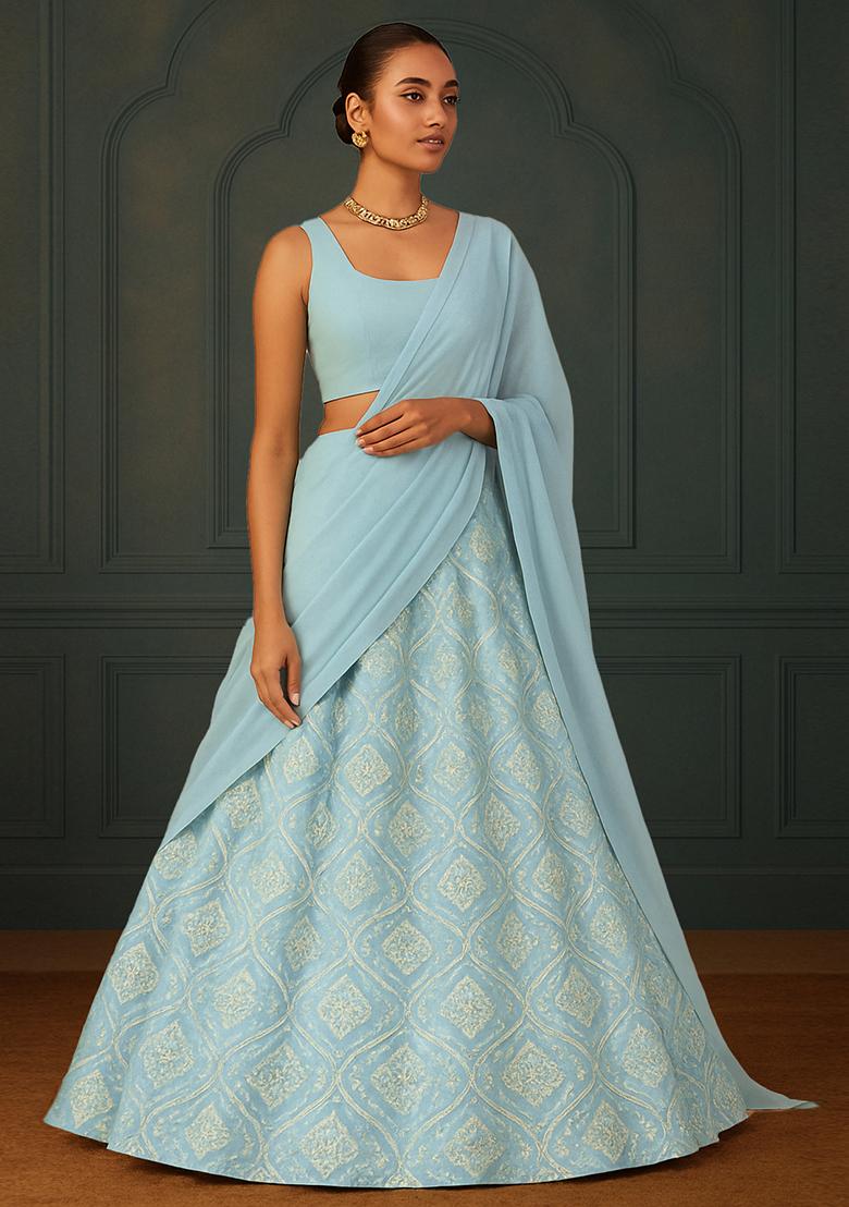 Powder Blue Raw Silk Embroidered Lehenga Set