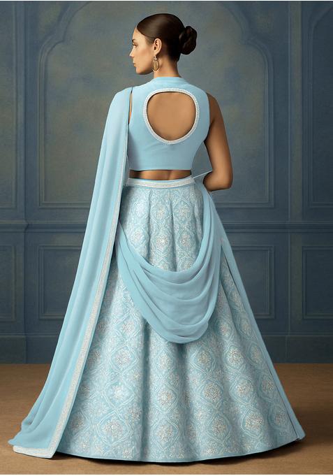 Powder Blue Raw Silk Embroidered Lehenga Set